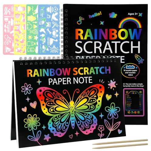 Scratch Art Set, Rainbow Scratch Paper Art Kit with 2 Notebooks, 2 Wooden Styluses and 4 Stencils, Creative Scratch Art Craft Gift