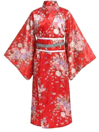 Lito Angels Deguisement Ensemble costume kimono japonais pour filles robe yukata satinée florale avec ceinture obi et Journée mondiale du livre, petites filles 5-6 ans, Taille 116, rouge