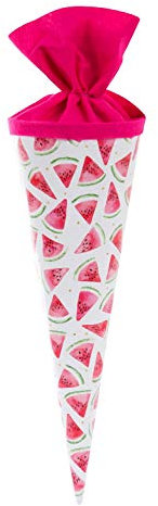 goldbuch 93 426 Geschwistertüte Melone, Schultüte mit Melonenmuster, Lackkarton, Geschenkverpackung mit pinkem Filzverschluss (ohne Verschlussband), Zuckertüte rund, Länge 35 cm, Ø 11,5 cm, Weiß