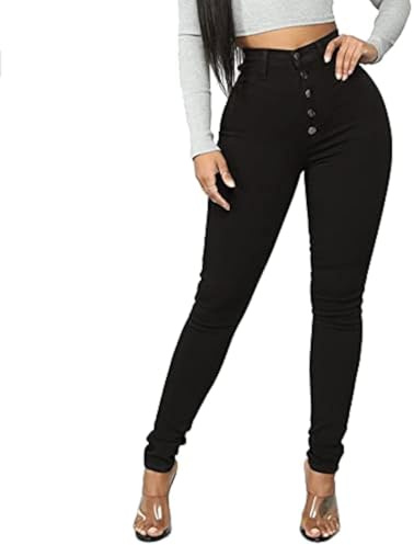 FISCLOSIN Womens High Waist Stretch Jeans 5 Button Push Up Butt Lifting Skinny Colombian Jeans,Black,Medium