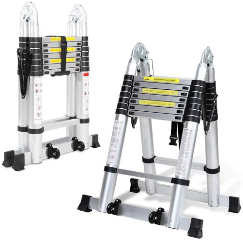 Tubiaz Escalera telescópica Plegable de Aluminio de 5m, portátil, Multiusos, Gran aplicabilidad, 2,5 m + 2,5 m, Plegable, soporta hasta 150 kg