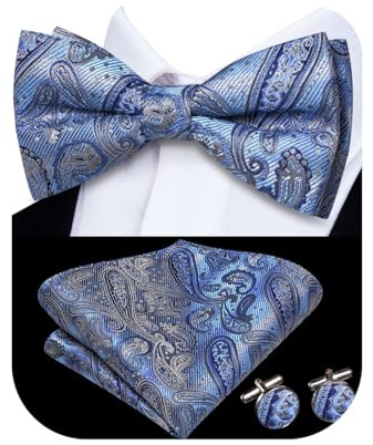 Hi-Tie Ice Blue Pre-Tied Bowties for Men Silk Clip On Paisley Mens Bowtie Pocket Square Cufflinks Set for Wedding Party