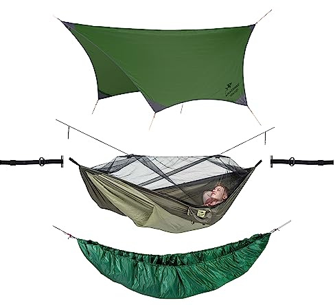 AMAZONAS Ultralight Outdoor Hammock Set | Hängematten Set aus: Moskito Traveller Thermo, Traveller Tarp, T-Strap & Underquilt | bis 200kg | ideal für Trekker Bushcrafter Abenteurer Wildnis Camping