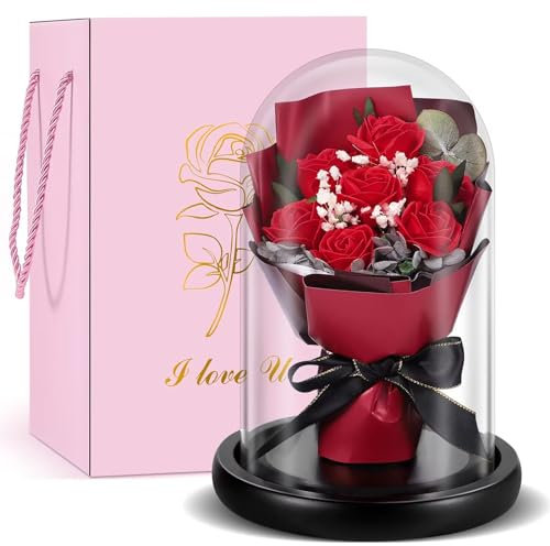 TangDouJM Geschenk für Frauen, Glas gewölbte rote Rose Bouquet, Zeitlose Rose Geschenk, für Paar, Weihnachten, Valentinstag, Muttertag, Innendekoration