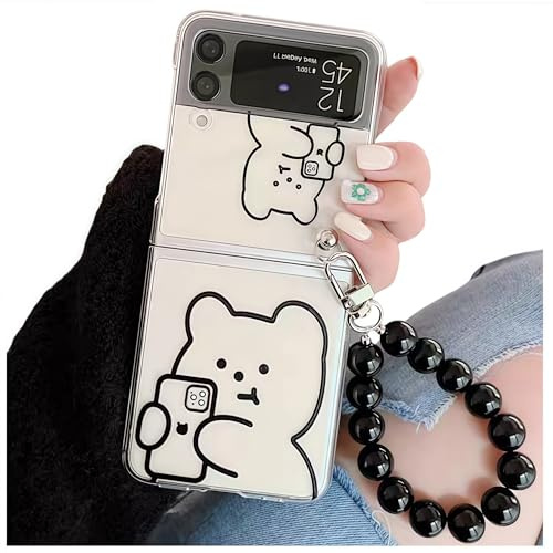 Veelgeluk for Samsung Galaxy Z flip 4 Kawaii Bear Phone case with Bead Charm Cute Lovely grily Phone case Shell Cover Protection for Girl Women for Samsung Galaxy Z flip 4