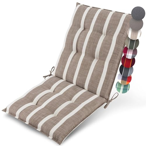 Beautissu Premium Coussin Chaise Jardin Dossier Bas 100x50 cm Sun-NL – 8 cm Épaisseur Tissu Robuste Antidérapant & Résistance aux UV – Coussin Fauteuil avec Sangles Fixation Beige Blanc Rayé