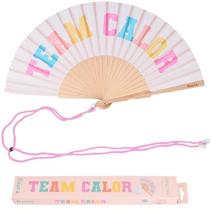 Fisura – Abanico original con mensaje “team calor”. Abanico de madera moderno y colorido. Ventilador de mano beige. Colgador incluido. Medidas: 42,5 x 23 cm
