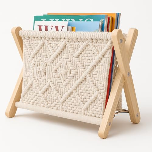 Macrame Magazine Rack Boho Storage Holder – Small Wooden Floor Basket for Books, Newspapers, Swaddles – Cotton Rope Organiser for Living Room, Nursery, Bedroom, Office - Modern Home Decor