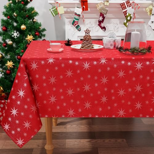 Homaxy Christmas Table Cloth Wipe Clean 140x100 cm, Wipeable Rectangle Polyester Red Xmas Tablecloth White Stars, Fabric Washable Table Cover for Dining Party and Festival