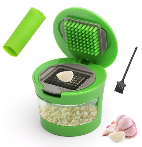 KQDRAVINE Picador de Ajo, Pica Ajos, Prensa Ajos, Picadora Manual para Ajo, Prensa de Ajos, Cortadora de Ajos, Con Pelador de Silicona y Cepillo, Apto para Frutas, Verduras, Cebollas, Jengibre
