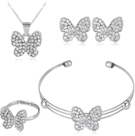 4Pcs Jewellery Set for Women and Girls, Fashion Butterfly Pendant Necklace Earrings Ring Set with Cubic Zirconia Jewellery - Bridal Wedding Bridesmaid Ladies Jewellery Gift Set (Silver Butterfly)