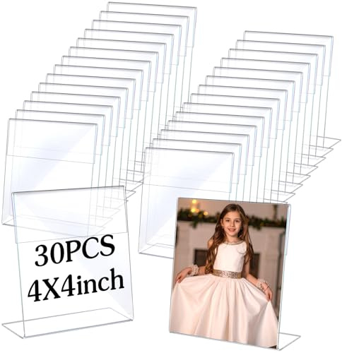 Limbeuuu 30 Pcs Acrylic Photo Frames 4 x 4 Inch Clear Picture Frames Slant Back Plastic Booth L Shaped Photo Stand Horizontal Small Sign Holder Name Display Stand with Insert for Home Office