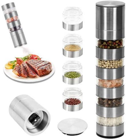 Zykra Pot a Epices 5 en 1 avec Moulin, Set D'épices de Voyage, Bocaux Epices en Acier Inoxydable, Moulin Sel Poivre Manuel, Mini Pots à Épices pour BBQ, Pique-Nique, Voyage, Camping, Cuisine