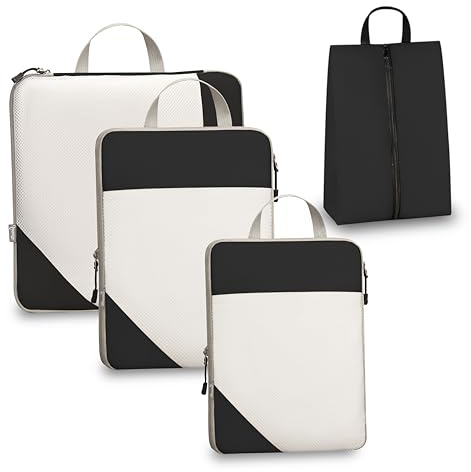 Sonnetto Compression Packing Cubes for Travel, Set of 4 Expandable Luggage Organizers with White Mesh, Lightweight Polyester Oxford Suitcase Essentials for Carry-on & Checked Luggage, Charcoal Black