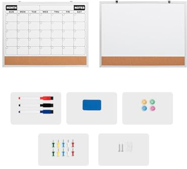 Bacheca in sughero a doppia superficie con montaggio a parete e lavagna cancellabile con calendario mensile, cornice in alluminio, lavagna in sughero reversibile con superfici