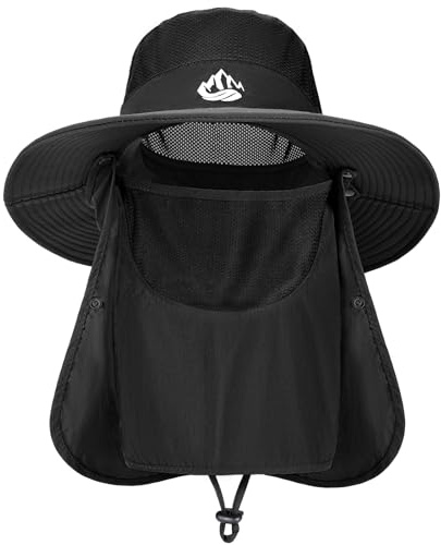 Xnova Sombrero de Pescador para el Sol Hombre con Cubierta Facial Protección UPF 50+ Sombreros Senderismo Gorras de ala Ancha Empacable Bucket Hat Safari (Negro, Sombrero Circunferencia: 55–60 cm)