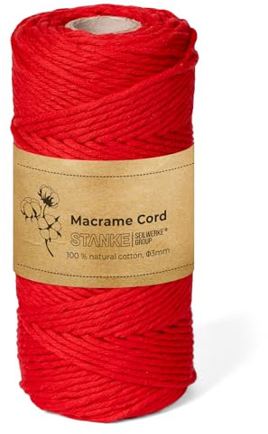 STANKE Filo macrame 3mm 100m colore Rosso - filo cotone per fai da te, cestini, acchiappasogni - corda di cotone per ghirlande, sottobicchieri, borse - 100% cotone, ritorto, morbido, bobina grande