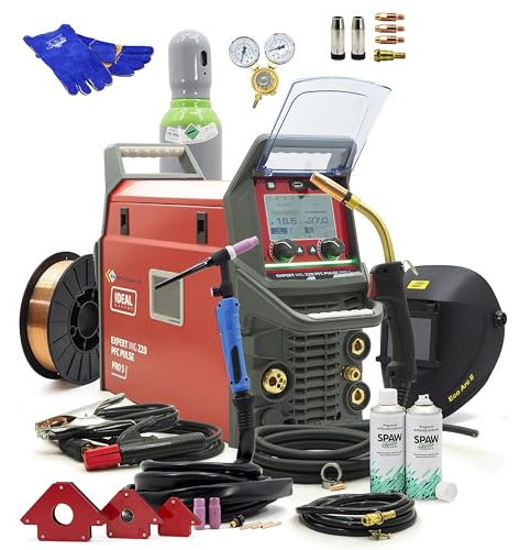 Ideal ExpertMIG 220 PFC - Soldadora XXL de doble pulso MIG MAG & WIG – Incluye casco, quemador TIG, gas 8L, ángulo magnético y accesorios, inversor 5 en 1, 200 A para aluminio, acero inoxidable, LCD