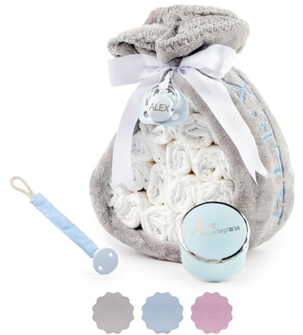 Tarta de Pañales con Chupetero de Tela | Manta Personalizada + Chupete personalizado + 15 Pañales Moltex | Regalo Recién Nacido Baby Shower Nacimiento Niño Niña (Rosa) | BebeDeParis