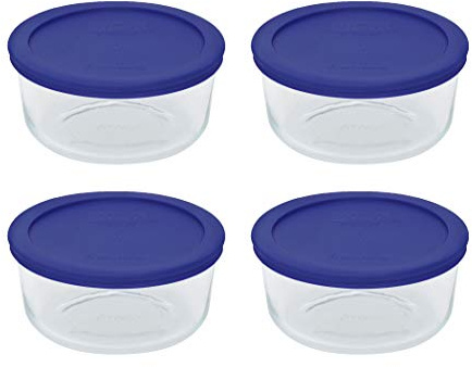 Pyrex 7201 4 Cup Glass Bowls & 7201-PC Cadet Blue Food Storage Replacement Lids (4-Pack) - Made in USA