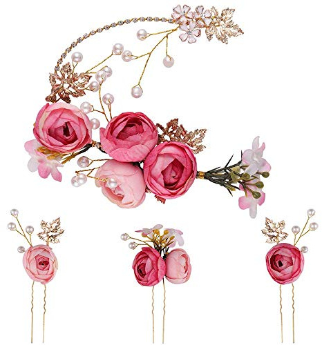 4 Pièces Forme de U rose en Forme D'épingle à Cheveux Fleur, Kit D'accessoires de Cheveux de Mariée, Accessoires de Mariage pour Demoiselle D'honneur de Mariée, Accessoires de Cheveux de Fille