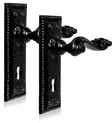 XFORT Georgian Door Lock Handle Set, Matt Black Interior Door Handles, Antique Door Handles in Cast Iron, (155x53mm Backplate)