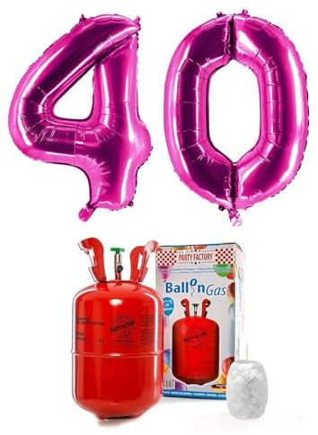 PARTY FACTORY Helium Set 40 mit XXL Zahlenballons, Ballongas und Ballonschnur - für Geburtstag, Jubiläum, Jahrestag; Gold, Silber, Schwarz, Pink, Rosa, Rosagold, Bunt (Pink)