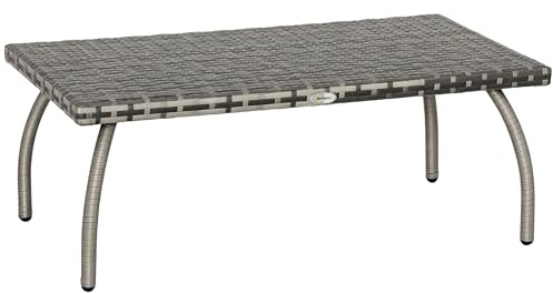 Outsunny Mesa de mimbre de ratán PE, mesa de centro con material para todo tipo de clima para exteriores, jardín, balcón, patio trasero, gris