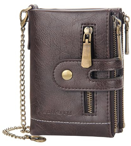aolaso Mens Wallet with Chain, PU Faux Leather Bifold Wallet for Men Double Zipper Coin Pocket Purse Double Anti-Theft Men Gift-Black