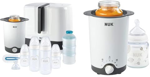 NUK First Choice+ Komplettes Fütterungsset Vario Express sterilisator, 4x babyflaschen, 1x Babyflaschensauger,Herz (neutral) 9 stück & Thermo 3 in 1 Flaschenwärmer, zum einfachen,1 Stück