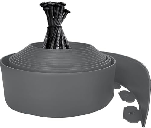 Lawn Edging Border 10m, 10cm High Flexible Garden Edging Border, Plastic Landscape Edging with 50pcs Stakes for Gardens & Lawns, Flower Beds, Paths, Gravel Edging, Easy-Cut, Grey