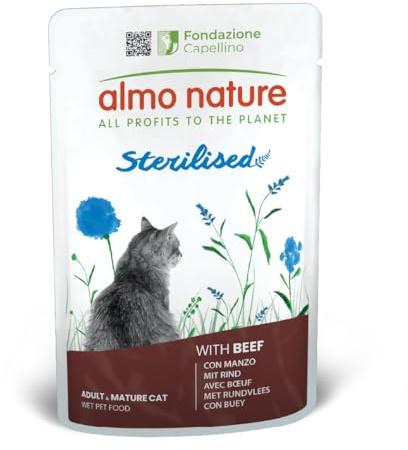 Almo Nature Functional - Sterilised - Nourriture Humide pour Chats Adultes et Matures, Stérilisés ou Peu Actifs - au Bœuf - Faible Teneur en Matières Grasses, Hydratant - 70g (Lot de 30)