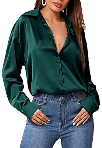 Zeagoo Damen Satin Bluse V-Ausschnitt Langarm Seidenbluse Elegant Satinblusen Causal Oberteil Langarmshirt Business Hemd Dunkelgrün S
