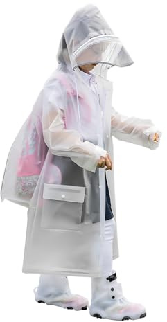 Kids Rain Coat, Manteau de Pluie Portable EVA avec Capuche, Poncho Pluie RéutilisableFilles pour Enfants Imperméable épaissir Poncho Léger Combinaison Pluie pour Garçons (Blanc)