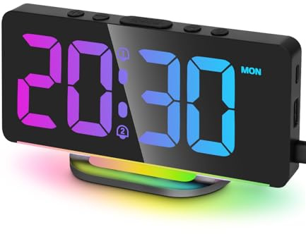 Goxiry Wecker Digital, 7-Zoll-LED-wecker, 10 Farben LED Digitalanzeige,Snooze, Helligkeit und Lautstärke Regelbar, Digital Uhr Netzbetrieben, 12/24HR