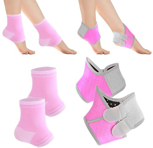 Larrel 2 Pairs Kids Ankle Support, Elastic Breathable Supports Ankle Brace with Foot Sleeve Foot Stabilizer Compression Sleeve Wrap for Sports Sprained Achilles Fasciitis Relief(Pink)
