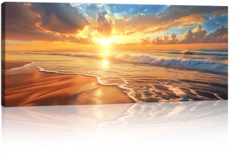 Orange Sunset Seascape Canvas Wall Art for Living Room, Large Nature Beach Scenery Wall Pictures Orange Coastal Scenery Wall Painting Art Prints for Bedroom Office Home Decor Ready to Hang 120x50cm