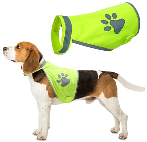 Dcsfadq Gilet de sécurité pour petits chiens - Vert fluo avec motif pattes - Respirant et léger - Réfléchissant - Gilet de sécurité pour l'extérieur - Promenades nocturnes (S)