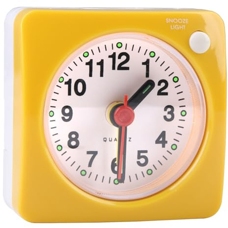 Small Travel Alarm Clock, Silent Analogue Non Ticking Clocks with Snooze Nightlight Function Bedside No Tick Quiet Large Display Mini Alarm Clock for Heavy Sleepers, glow in the dark, 6cm (Yellow)
