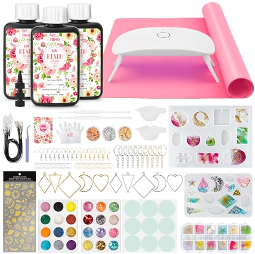 YIEHO 300g Kit di Resina UV con Luce e Stampi, Resina Epossidica trasparente per Gioielli per Creazioni DIY di Portachiavi, Orecchini e Collane