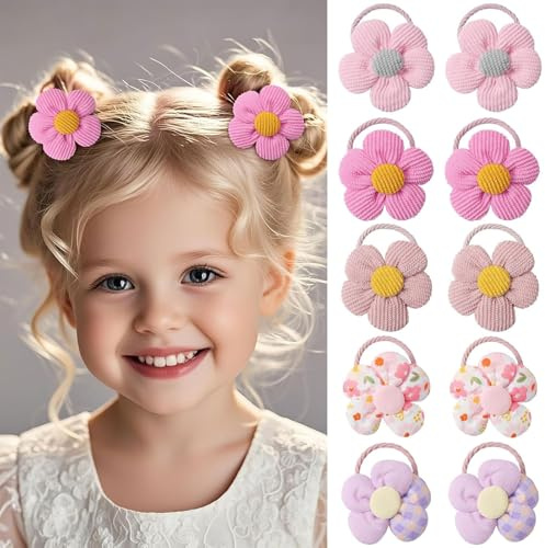 Kinretixia 10 piezas gomas de pelo floreadas para niñas pequeñas, adorables elásticos con estampado floral, sujetadores de cola de caballo sin costuras, accesorios para el cabello de niñas con