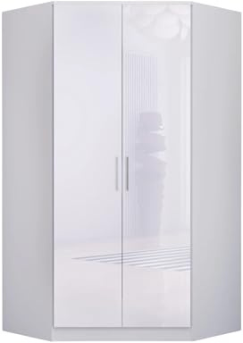 URBAN High Gloss Corner Wardrobe with 2 Hanging Rails and 10 Shelves, MDF 2 Door Wardrobe for Bedroom with Spacious Storage, Modern Space Saving Design (White)