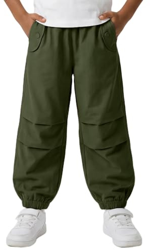 JiAmy - Pantaloni cargo da ragazzo, con elastico in vita, larghi e casual, per hip-hop, danza, paracadute, jogging, all'aperto, per bambini 5-14 anni, Verde, 11-12 Anni
