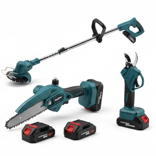 K2 STORE Kit Giardinaggio 3 in 1 a Batteria 48V – Forbici Elettriche Potatura, Mini Motosega 6”, Decespugliatore Tagliabordi – 2 Batterie Incluse, Leggero e Potente per Giardino, Ulivi, Vigneto