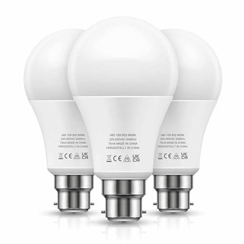 LOHAS-LED Bayonet Light Bulb Cool White, 100 Watt Bayonet Light Bulbs, Daylight Bulbs 6000K Bright Light Bulb, 1100LM 12W A60 BC GLS Energy Saving Bulb, Kitchen Bedroom Living Room, 3 Pack