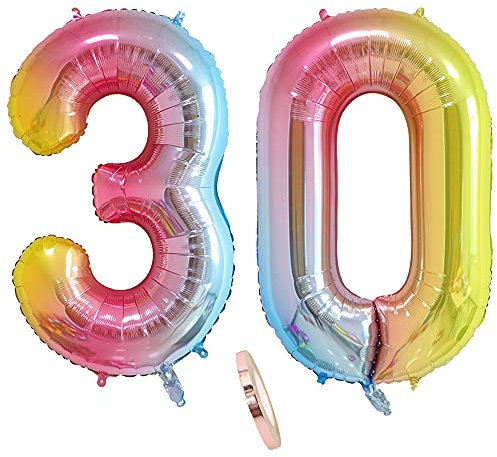 Folienballon Zahl Deko Regenbogen 30, XXL 100cm Riesen Nummer Aufblasbar Helium Ballon Rosa Bunt Schillernde Figuren Zahlen Luftballons für 30. Jahre Frau Frauen Geburtstag Jubiläum Party Dekoration
