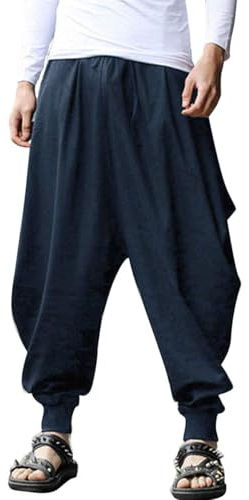 AITFINEISM Herrbyxor Med Dragsko Lässige Hippie Harem Byxor Löst Drop Crotch Byxor (S,Marinblått)
