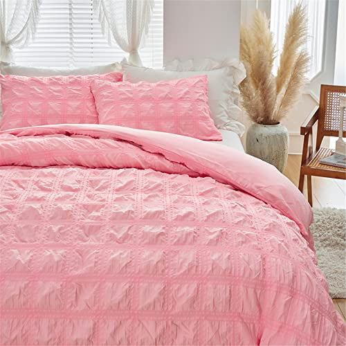 Odot Fundas de Edredón Seersucker, Juego de Ropa de Cama con Funda de Nórdico y Funda de Almohada, Juego Ropa de Cama para Cama Individual y Matrimonio (135x200cm-2 Piezas,Rosado)