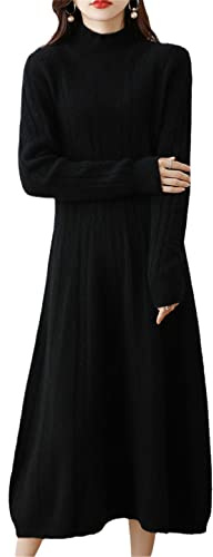 Ruereuu Vestido de Mujer Suéter de Cachemira Vestido Largo de Punto Lana Merino Cuello Alto Falda de Oficina, Negro, XXL