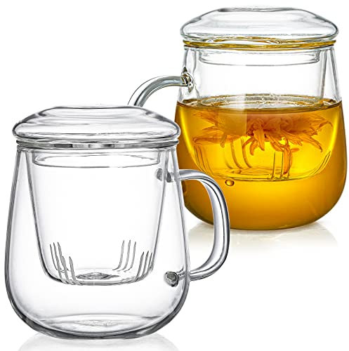 Tosnail 2 Pack 550ml Tea Glass with Infuser, 18oz Tea Mugs with Strainer, Glass Cups for Blooming Tea, Loose Tea Brewing